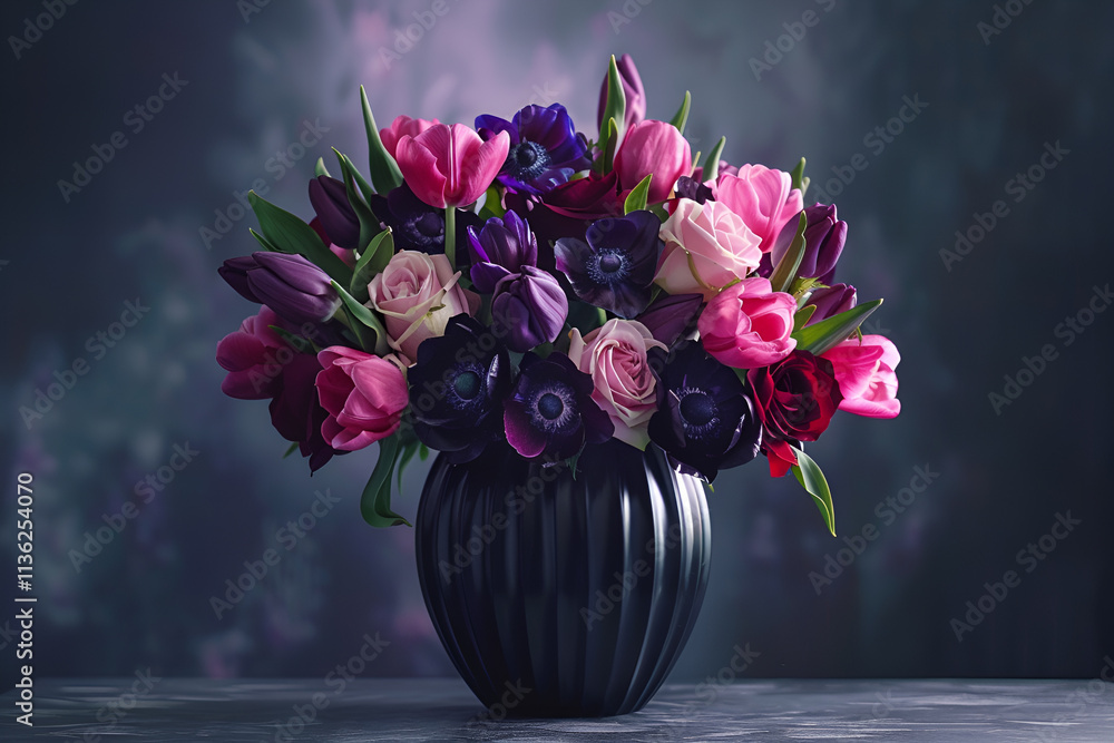 Naklejka premium Bukiet złożony z róż, tulipanów i anemonów w odcieniach różu, fioletu i czerwieni, umieszczony w czarnym wazonie.