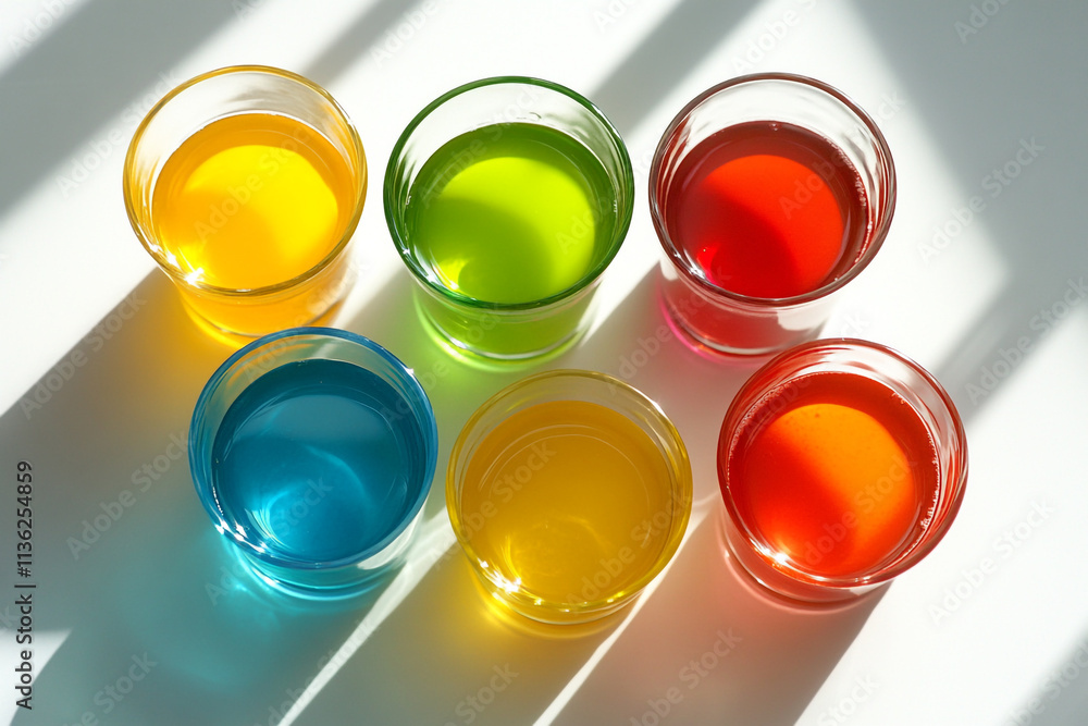 Variety of colored liquids in glass cups on a bright surface during the day Variety of colored liquids in glass cups on a bright surface during the day
