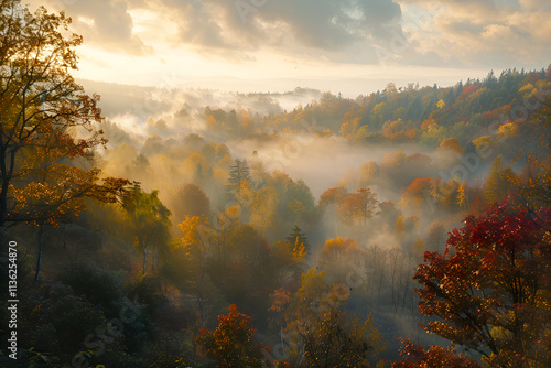 Zapierający dech w piersiach jesienny krajobraz z mgłą unoszącą się nad lasem.  photo