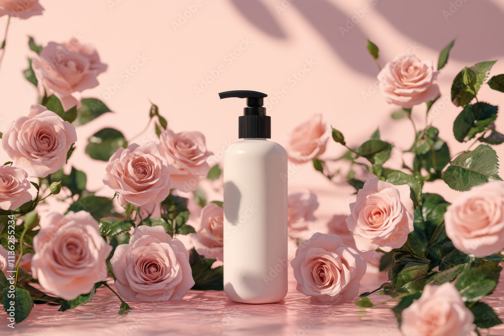 Display of a white lotion bottle surrounded by fresh pink roses on a pastel background Display of a white lotion bottle surrounded by fresh pink roses on a pastel background