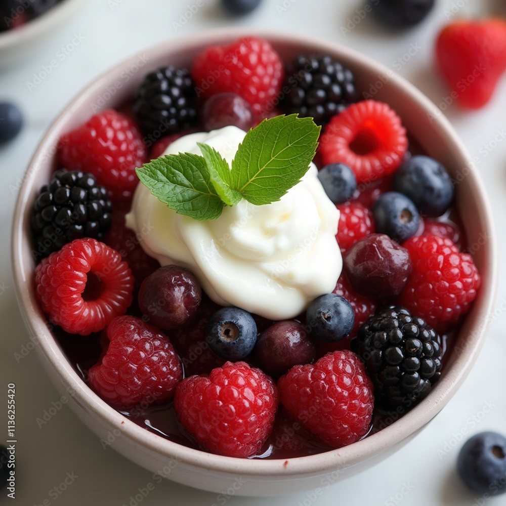 Bowl of mixed berries with cream and mint Bowl of mixed berries with cream and mint