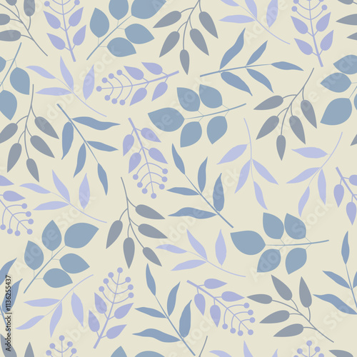 Floral Seamless Pattern. Allover Foliage Surface Design of Monochromatic Blue Leaves