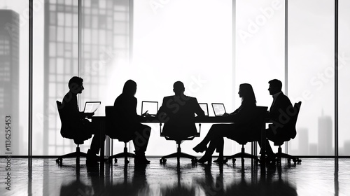 Business people having a meeting in a modern office with city view