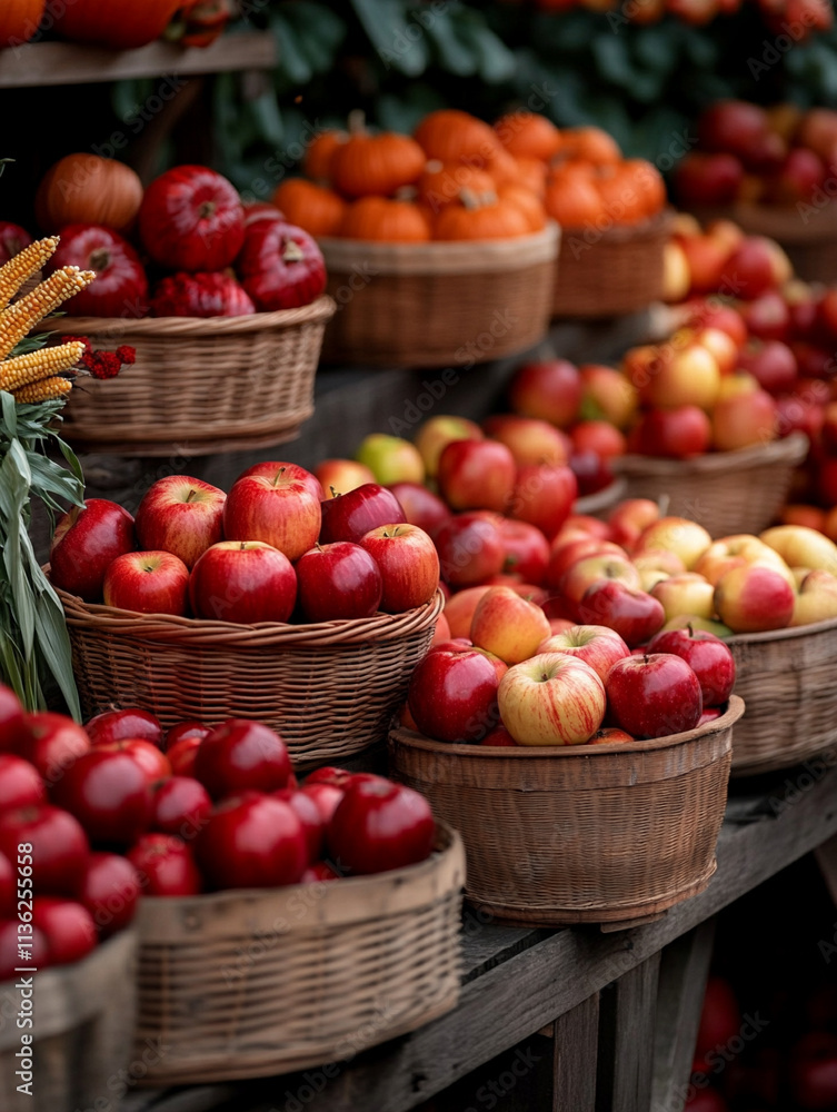 Fresh fruit display at farmers market in autumn season Fresh fruit display at farmers market in autumn season