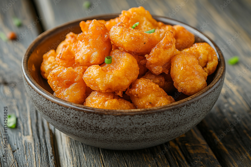 Crispy shrimp served in a rustic bowl on a wooden table Crispy shrimp served in a rustic bowl on a wooden table