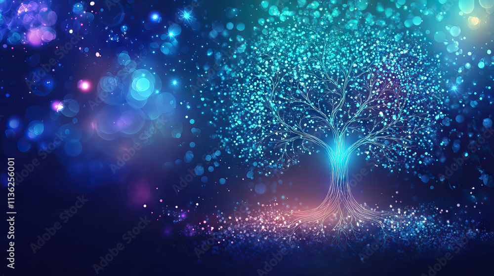 Fototapeta premium shining vibrant Tree of Life with bokeh background and copy space, Representing growth, connection, and shared roots for World Interfaith Harmony Week banner.