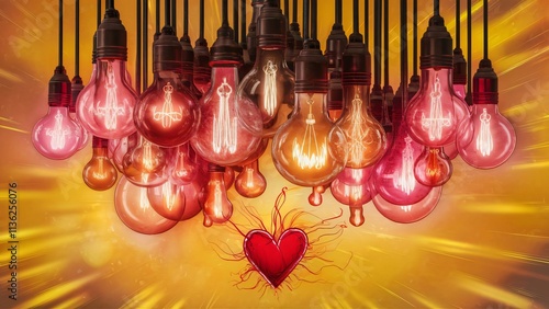 Glowing Edison Bulbs and Red Heart, Creative Inspiration Concept