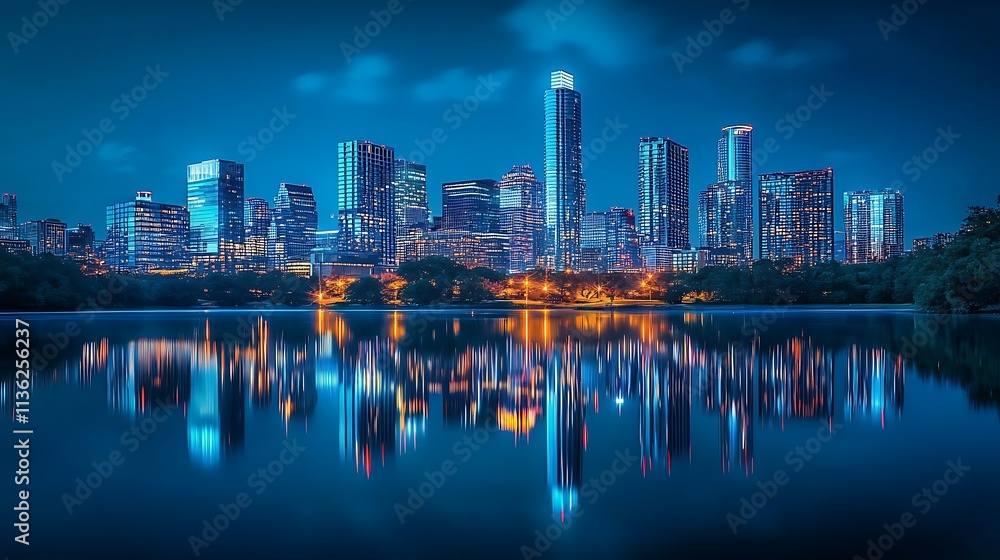 Night View of Austin, Texas Skyline Reflected in Water Night View of Austin, Texas Skyline Reflected in Water