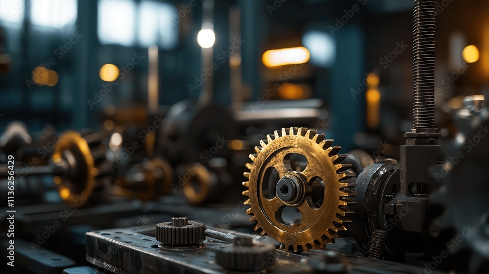 Industrial workshop showing complex gears and machinery in a detailed frame Industrial workshop showing complex gears and machinery in a detailed frame