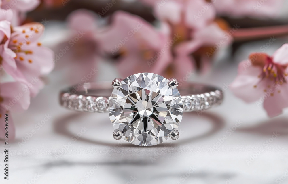 stunning engagement ring featuring round diamond set in white gold, surrounded by delicate pink cherry blossoms, symbolizing love and beauty stunning engagement ring featuring round diamond set in white gold, surrounded by delicate pink cherry blossoms, symbolizing love and beauty