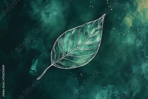 A stylized illustration of a leaf on a textured green background.