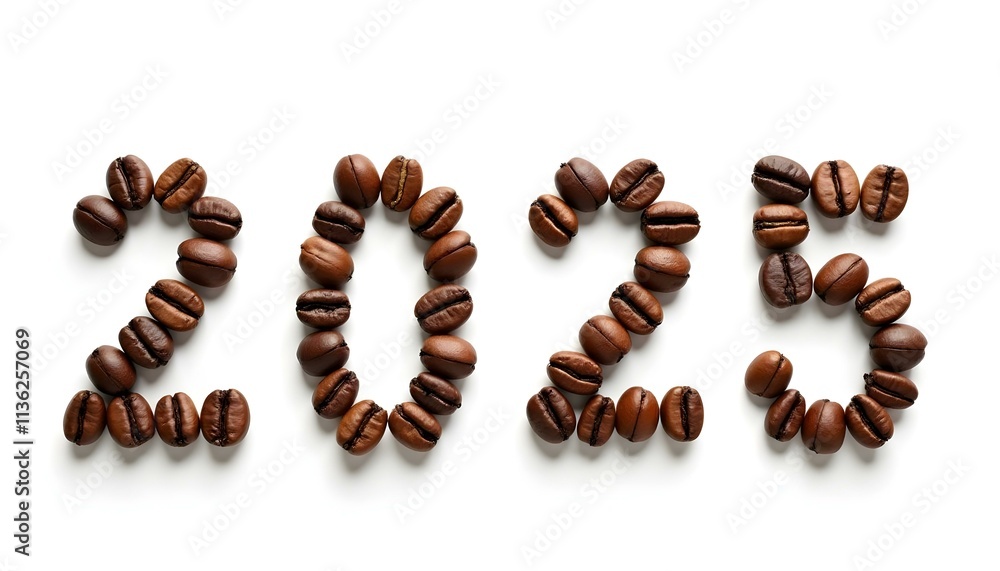 the numbers '2025' are formed entirely using coffee beans the numbers '2025' are formed entirely using coffee beans