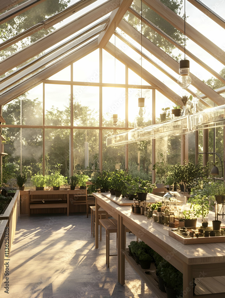 A sunlit greenhouse filled with various plants and a workspace for gardening activities. A sunlit greenhouse filled with various plants and a workspace for gardening activities.