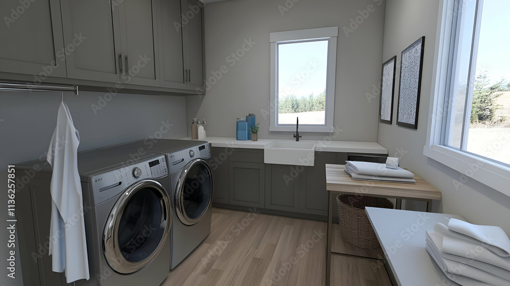 A modern laundry room featuring appliances, a sink, and organized storage. A modern laundry room featuring appliances, a sink, and organized storage.