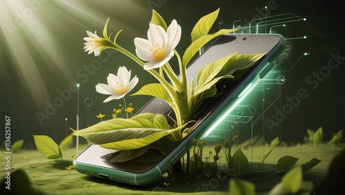 Digital Nature, Smartphone with Blooming Flowers and Futuristic Design photo