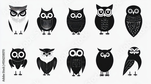 Collection of Stylized Black and White Owl Illustrations for Design photo