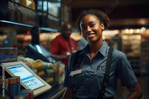 Happy African girl near the terminal. Buying groceries goods in a supermarket or store. Self-service checkout