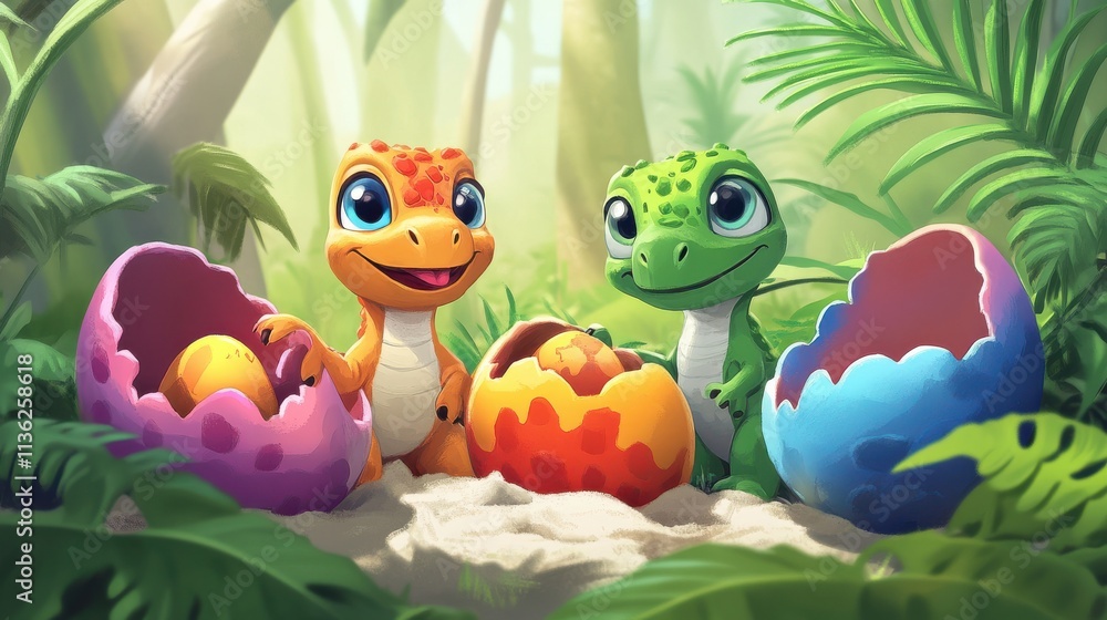 Colorful Baby Dinosaurs in Jungle with Eggs and Tropical Plants Colorful Baby Dinosaurs in Jungle with Eggs and Tropical Plants