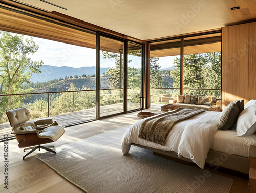 Modern bedroom with large windows showcasing a scenic mountain view.