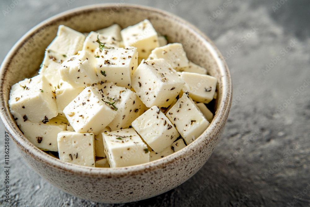 Cubes of fresh cheese sprinkled with herbs in a rustic bowl on a dark surface Cubes of fresh cheese sprinkled with herbs in a rustic bowl on a dark surface