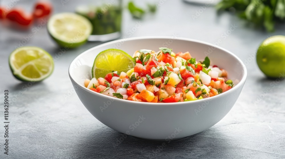 Fresh Colorful Salsa with Lime and Herbs in a White Bowl Fresh Colorful Salsa with Lime and Herbs in a White Bowl