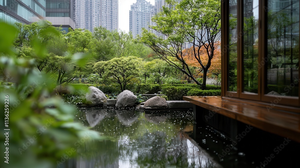 Obraz premium A tranquil Asian garden surrounded by skyscrapers in the background