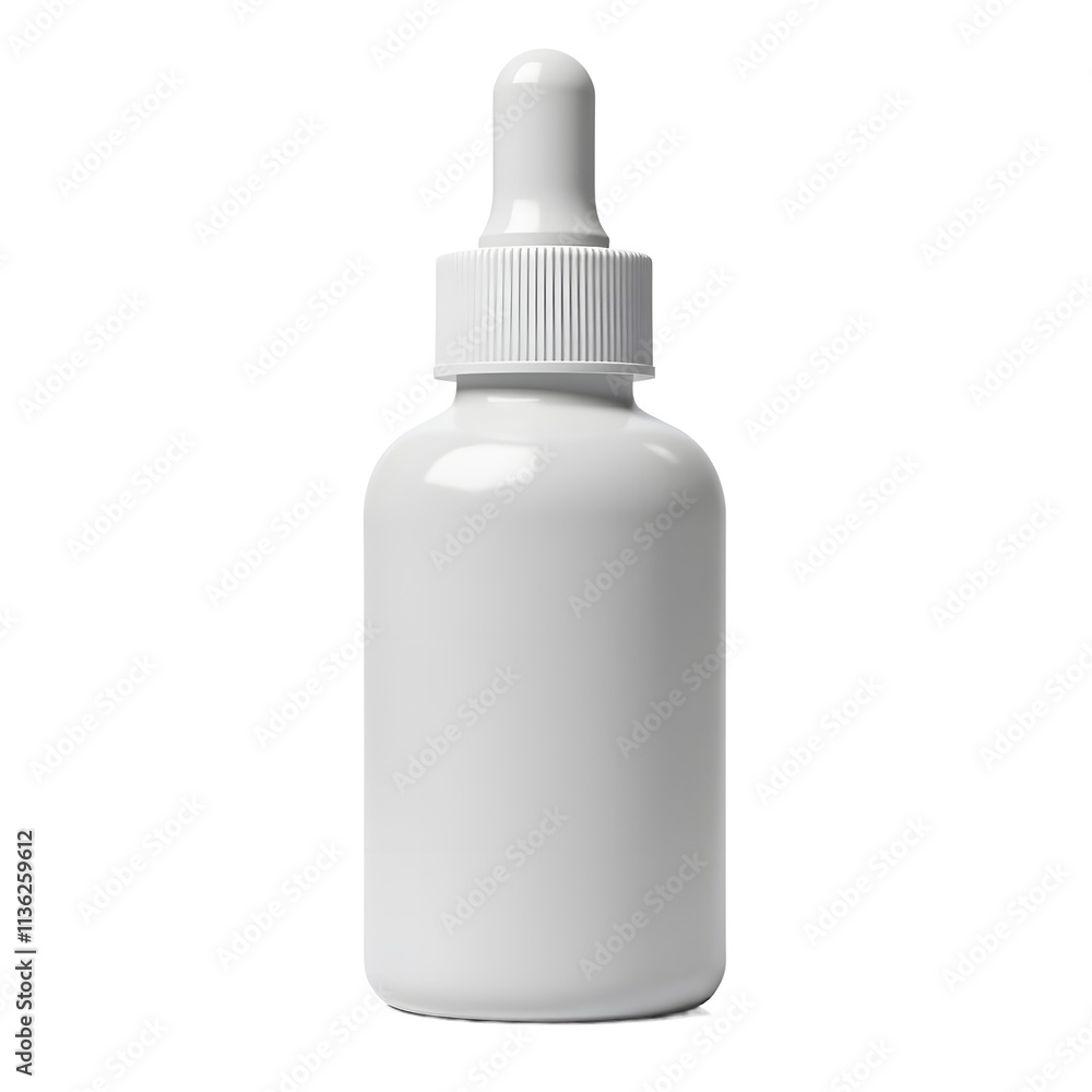 Front view of a white opaque dropper bottle with no labels isolated on a white transparent background. Front view of a white opaque dropper bottle with no labels isolated on a white transparent background.