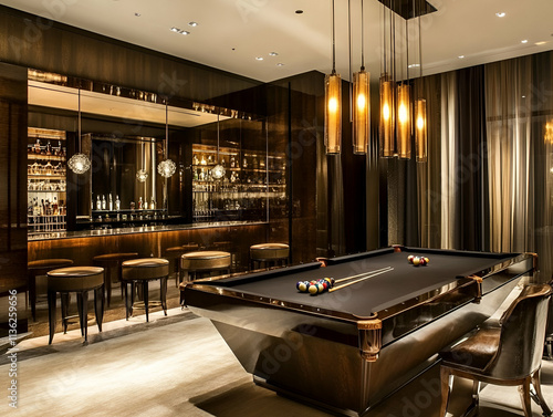 A luxurious game room featuring a billiards table and a stylish bar area.