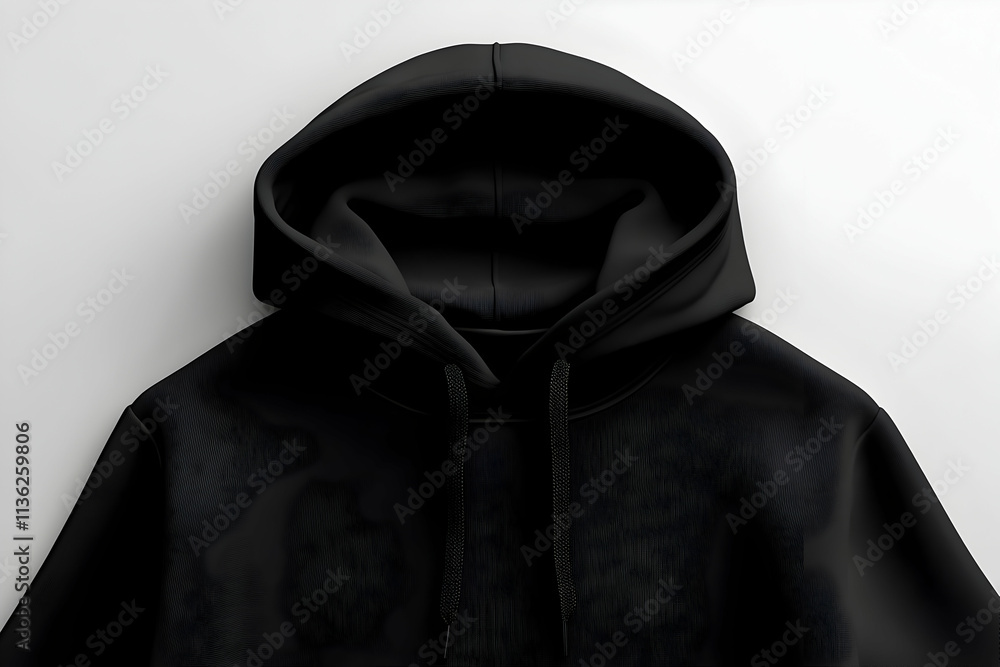 Close-up of a black hoodie's hood and neckline on a white background. Close-up of a black hoodie's hood and neckline on a white background.