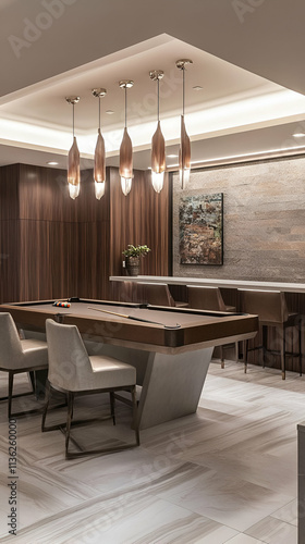 A modern lounge area with a sleek table, chairs, and artistic decor for social gatherings.
