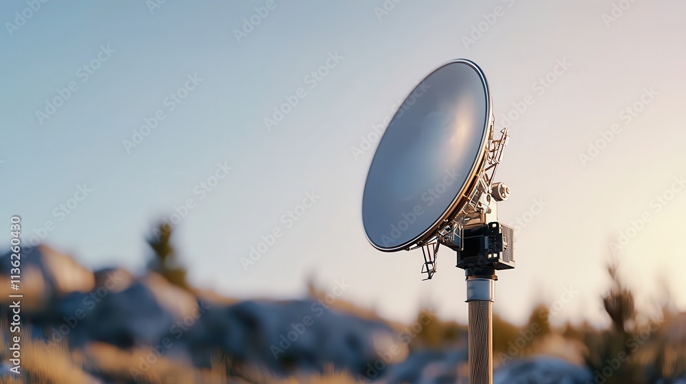 A detailed satellite dish in a high-tech setup against a clear sky A detailed satellite dish in a high-tech setup against a clear sky
