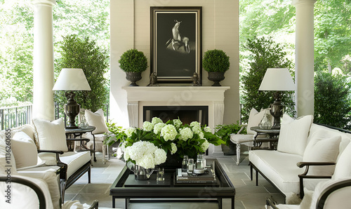 Elegant outdoor living space with white furniture, greenery, and a central floral arrangement.