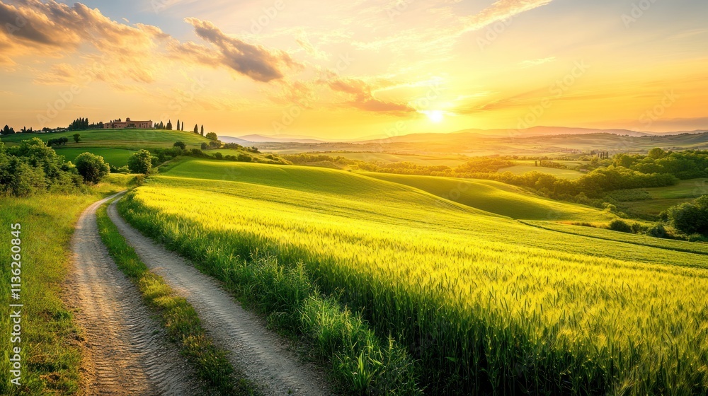 Fototapeta premium Tuscan Sunset: Golden Fields and Rolling Hills