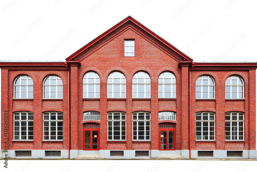 A red brick building featuring large arched windows and prominent front doors, showcasing classic architectural design. A red brick building featuring large arched windows and prominent front doors, showcasing classic architectural design.