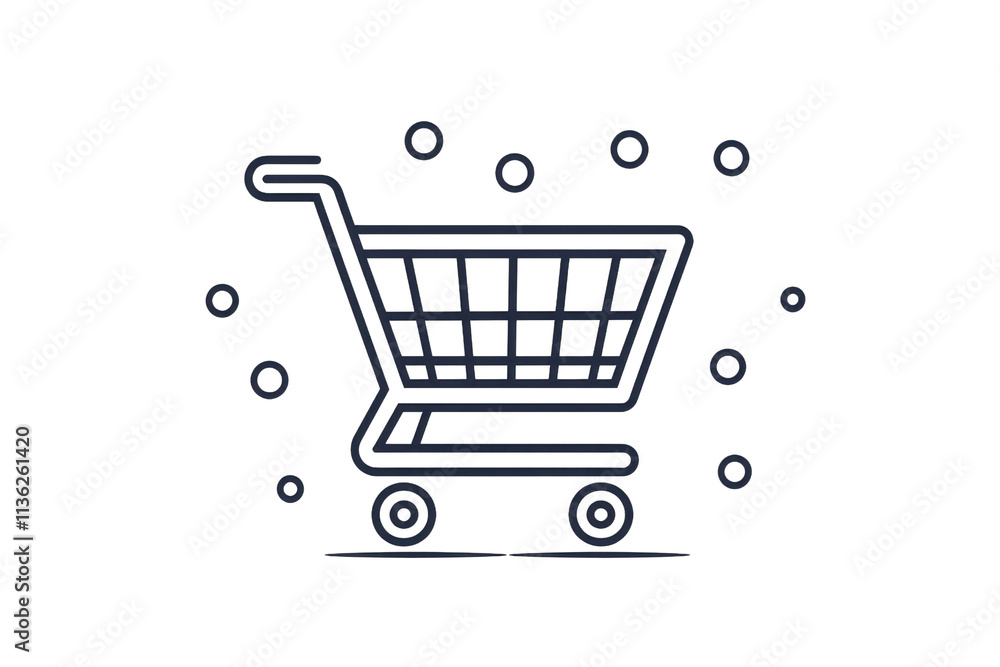 A minimalistic shopping cart icon featuring a grid design with circular accents. A minimalistic shopping cart icon featuring a grid design with circular accents.