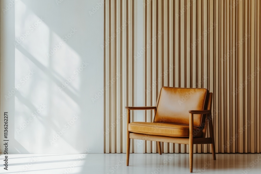 Tan leather armchair in modern minimalist room with wood wall. Tan leather armchair in modern minimalist room with wood wall.