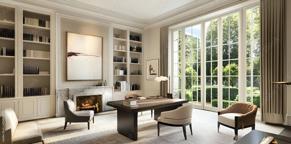 Elegant office space with large windows, bookshelves, and a cozy fireplace. Elegant office space with large windows, bookshelves, and a cozy fireplace.