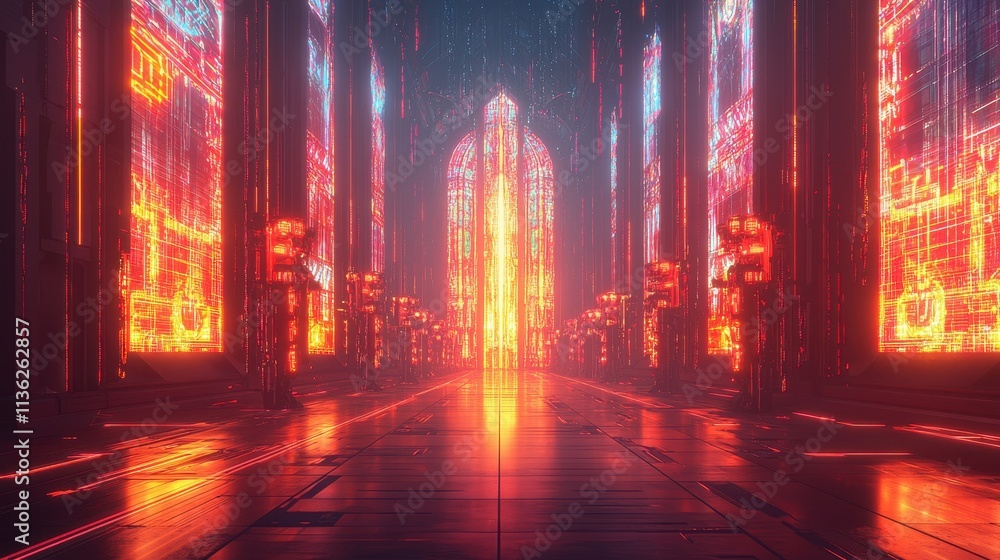 A glowing holographic cathedral with radiant stained-glass windows that project dynamic patterns of neon light. Inside, robotic choirs sing harmonized digital hymns, creating a mystical fusion A glowing holographic cathedral with radiant stained-glass windows that project dynamic patterns of neon light. Inside, robotic choirs sing harmonized digital hymns, creating a mystical fusion