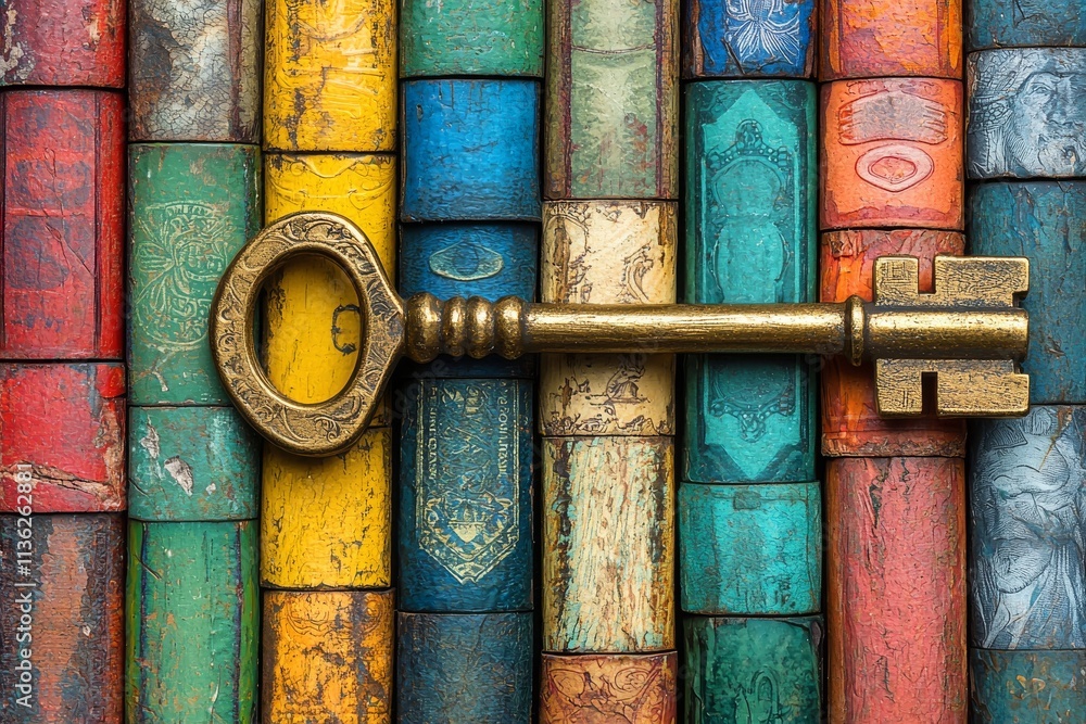 Colorful literary vault with golden key, illustrating diverse investment knowledge protection and secure financial resource management. Colorful literary vault with golden key, illustrating diverse investment knowledge protection and secure financial resource management.