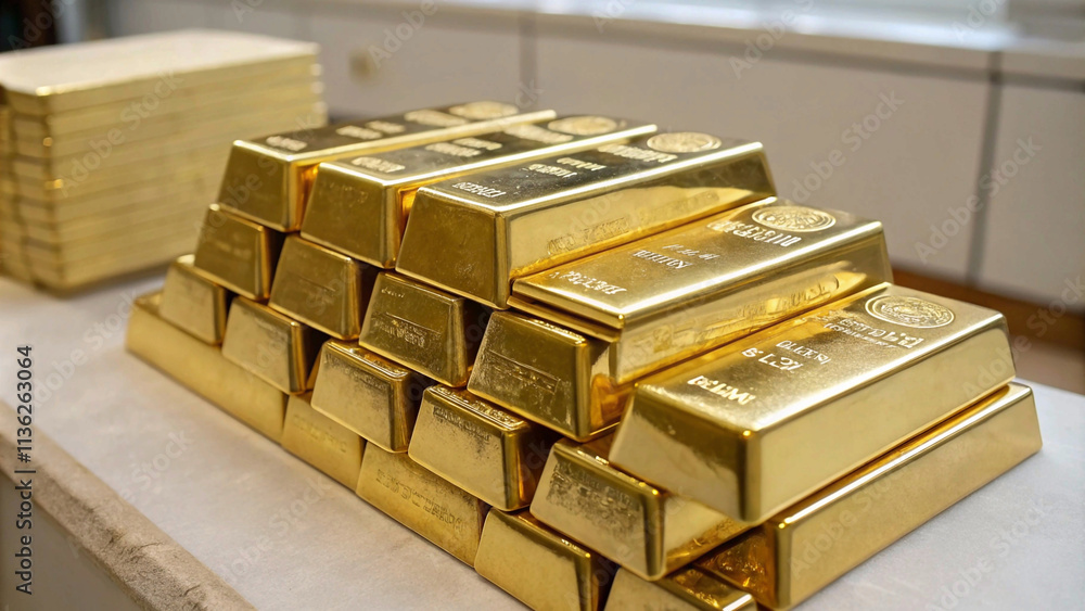 Stack of gleaming gold bars, symbolizing wealth and financial stability Stack of gleaming gold bars, symbolizing wealth and financial stability