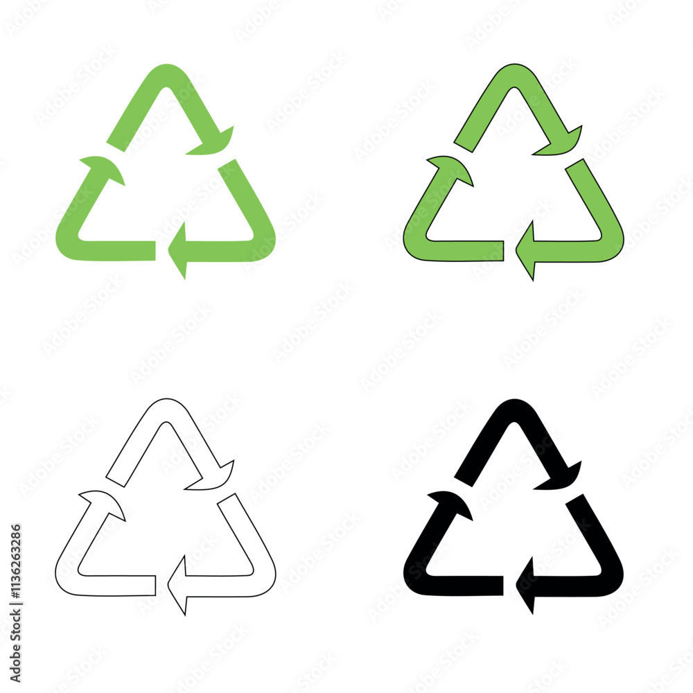 Set of symbols for packaging product design, recycling sign, green black and white recycled materials symbols on white background, ecology concept, set of green recycle icon, rotation arrow symbols Set of symbols for packaging product design, recycling sign, green black and white recycled materials symbols on white background, ecology concept, set of green recycle icon, rotation arrow symbols