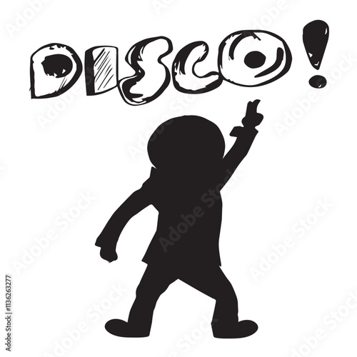 Black silhouette of a man in the style of the 70s and with the inscription Disco, the guy dances disco raising his “Victory hand”, concept 70s-80s Disco hand drawn with ink