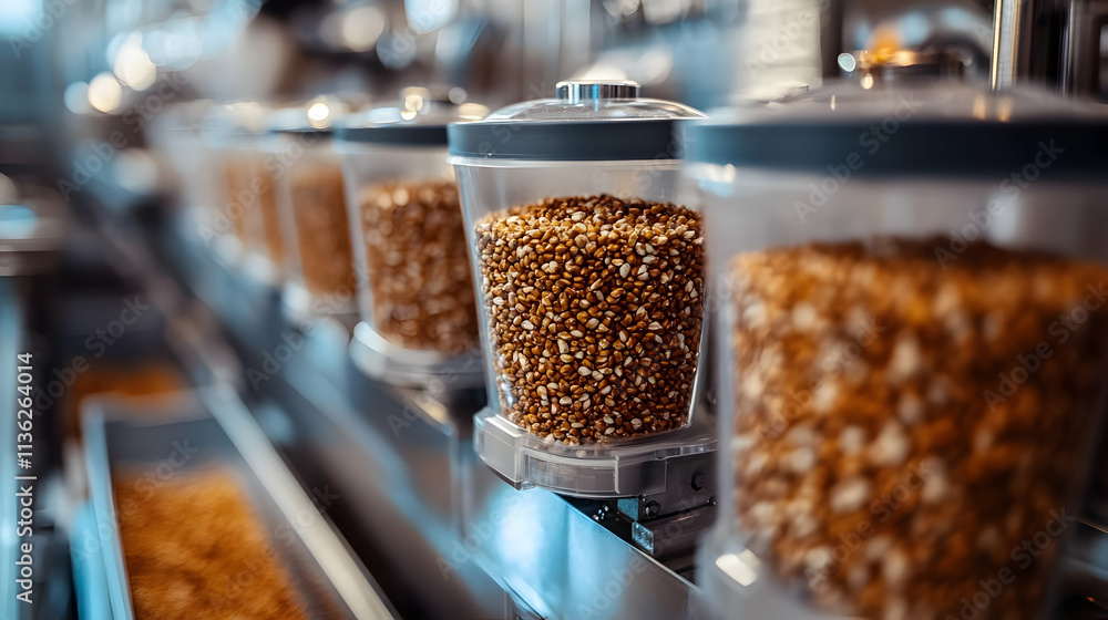 Close-up of grain in transparent containers on a conveyor belt in a food processing plant. Close-up of grain in transparent containers on a conveyor belt in a food processing plant.
