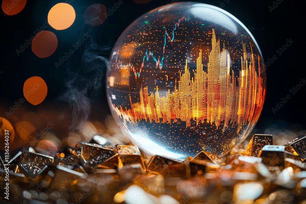 Crystal sphere with market data floating over dark surface, illustrating predictive analytics and financial risk assessment tools. Crystal sphere with market data floating over dark surface, illustrating predictive analytics and financial risk assessment tools.