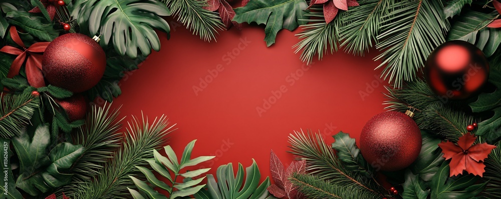 Christmas border made of tropical leaves and red ornaments surrounding red background Christmas border made of tropical leaves and red ornaments surrounding red background
