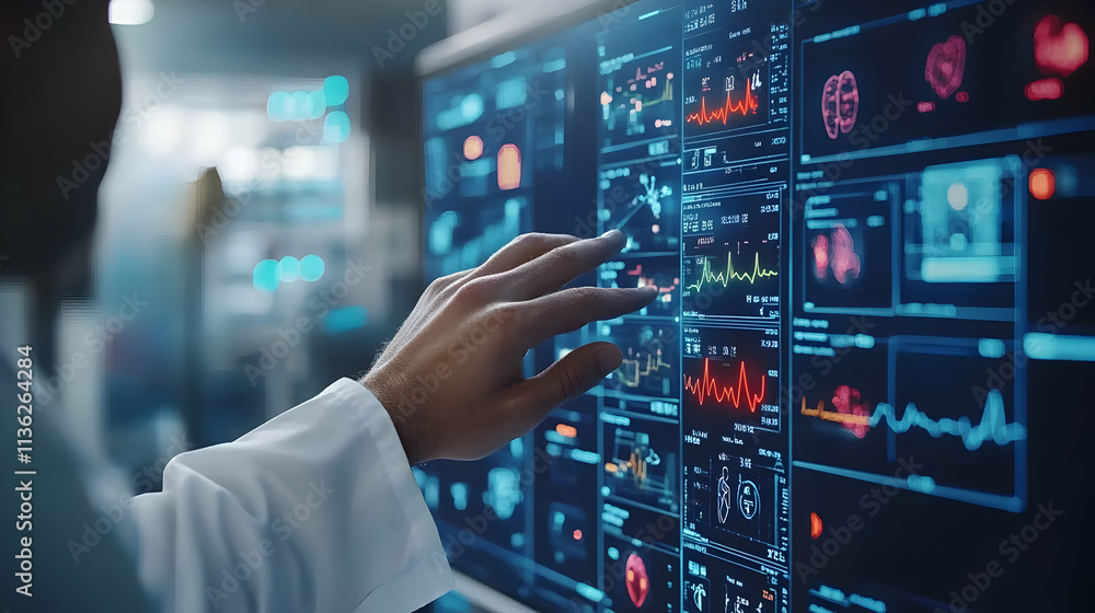 Close-up of hand interacting with a large medical diagnostic screen displaying vital signs and health data. Close-up of hand interacting with a large medical diagnostic screen displaying vital signs and health data.