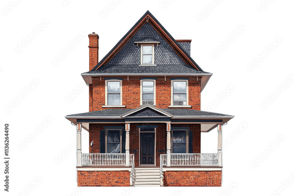 A classic two-story brick house with a steep roof, front porch, and decorative details, showcasing traditional architectural design. A classic two-story brick house with a steep roof, front porch, and decorative details, showcasing traditional architectural design.