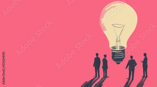 Silhouettes of business professionals standing near a giant glowing light bulb on a vibrant pink background, symbolizing creative ideas, teamwork, and innovation. Generative AI
