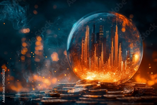Crystal ball with smoke and gold, representing the uncertainty and challenges in predicting market trends.