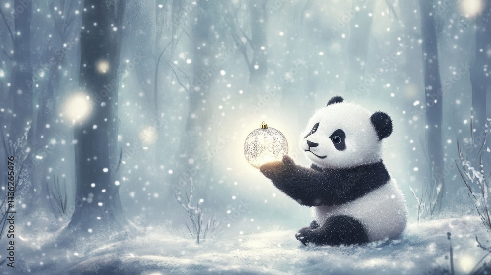 Fototapeta premium A cute panda cub sitting in a snowy forest, holding a glowing Christmas ornament, surrounded by softly falling snowflakes.